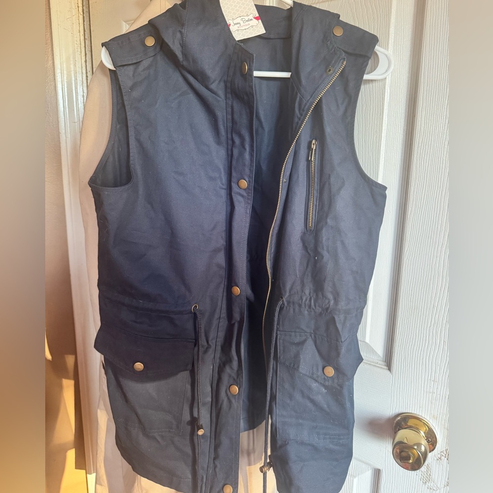 Navy Sleeveless Utility Vest with Gold Accents